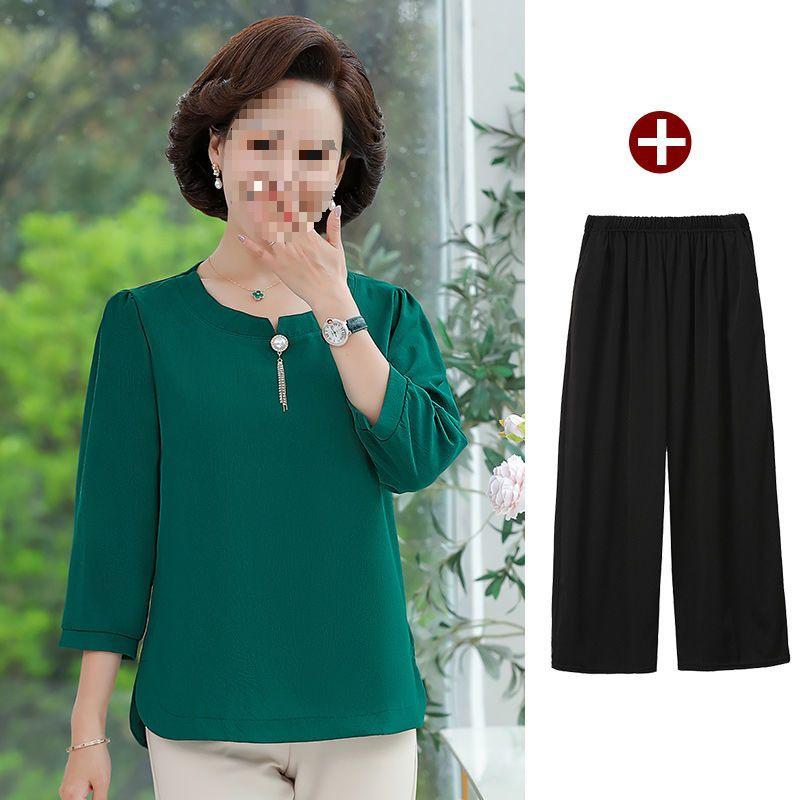 Stylish Spring Two-Piece Set for Middle-Aged Women - Loose Short-Sleeved Top & Bottom