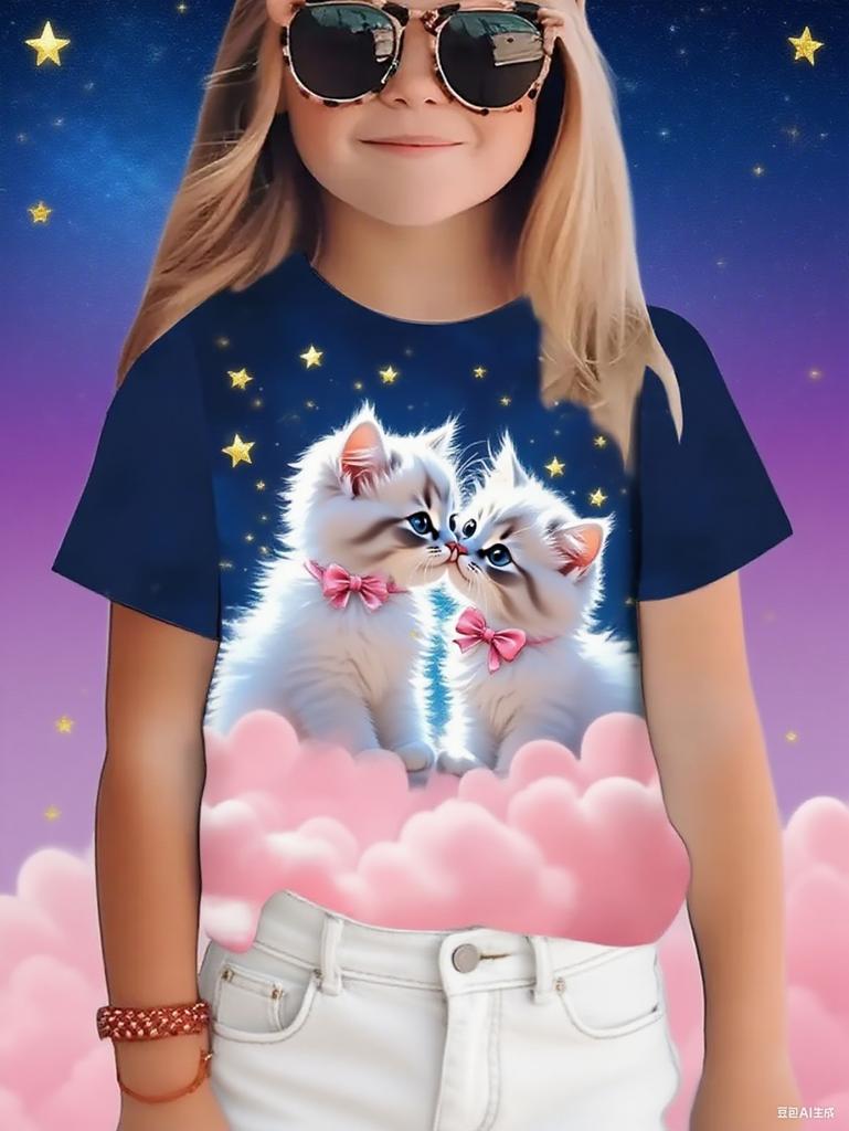 Funny Cat Girl T-Shirt Summer Cartoon Graphic Girl Short Sleeve Tee Casual Round Neck Top Animal Kids Clothing Girl Clothes