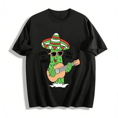 Cool Wild West Fun Cactus Playing Guitar Graphic Casual T-Shirt Pure Cotton T-shirt