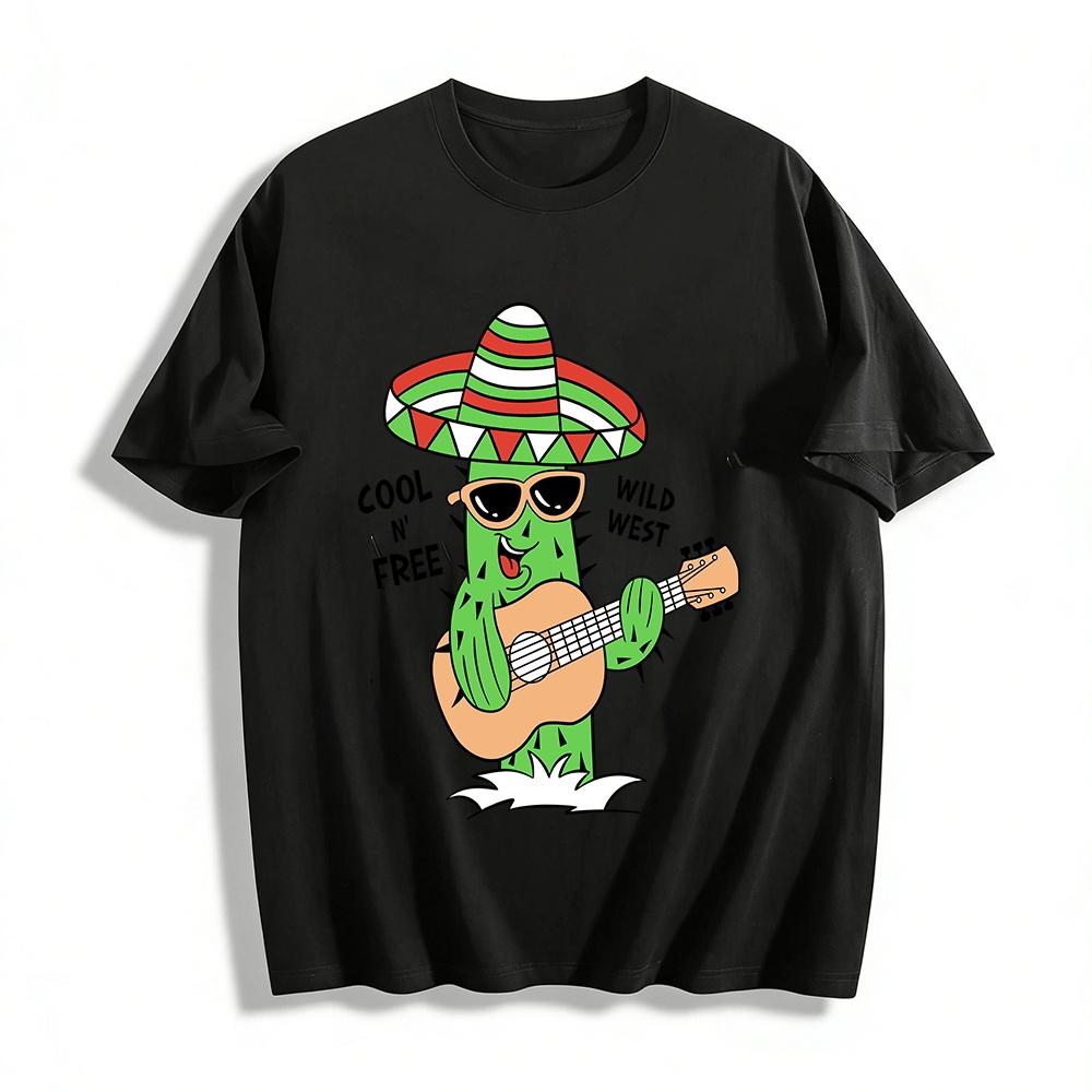 

Cool Wild West Fun Cactus Playing Guitar Graphic Casual T-Shirt Pure cotton T-shirt XXS