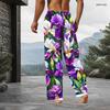 Men Plus Size Pink Cherry Blossom Printed Drawstring Waist Side Pockets Straight Leg Full Length Beach Pants