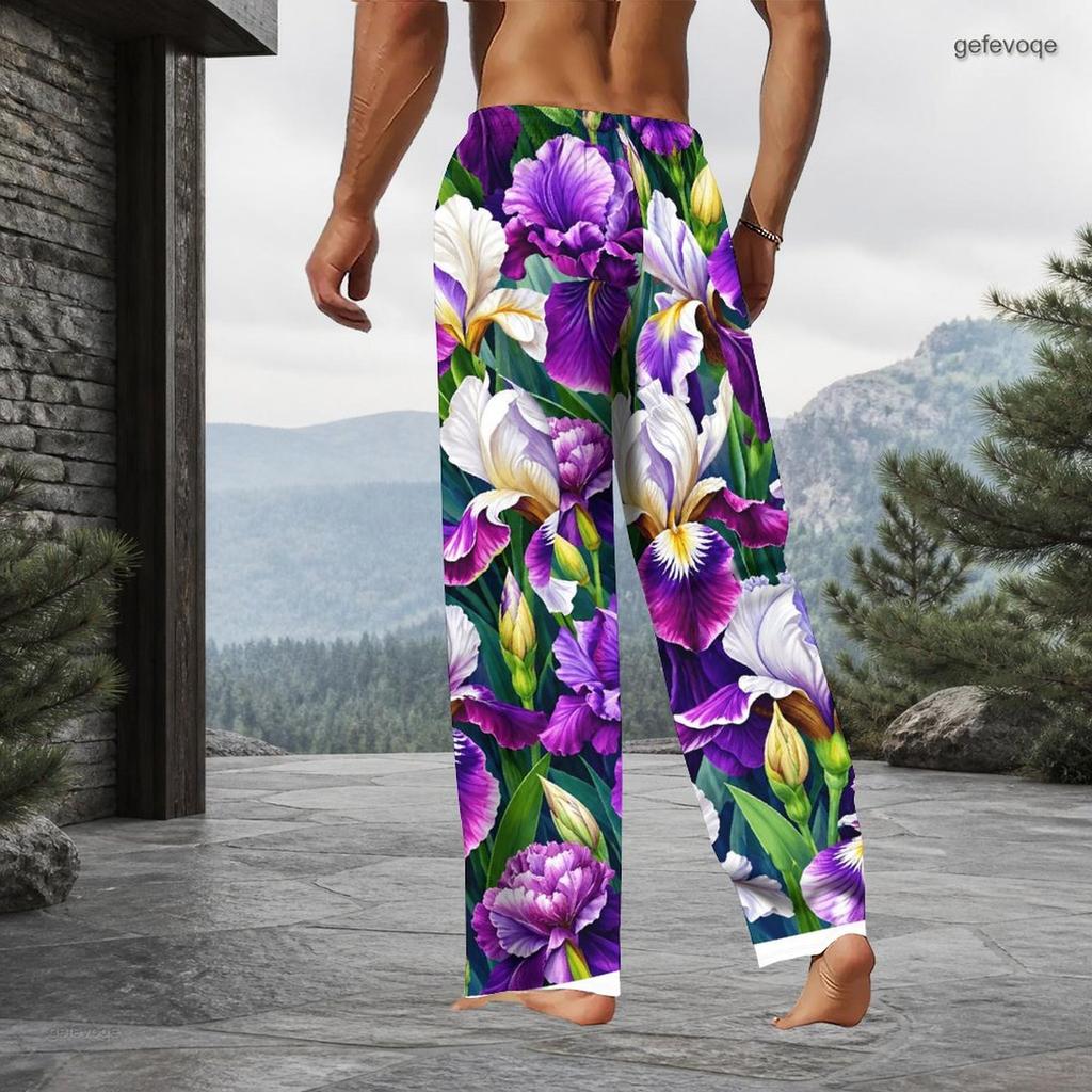 Men Plus Size Pink Cherry Blossom Printed Drawstring Waist Side Pockets Straight Leg Full Length Beach Pants