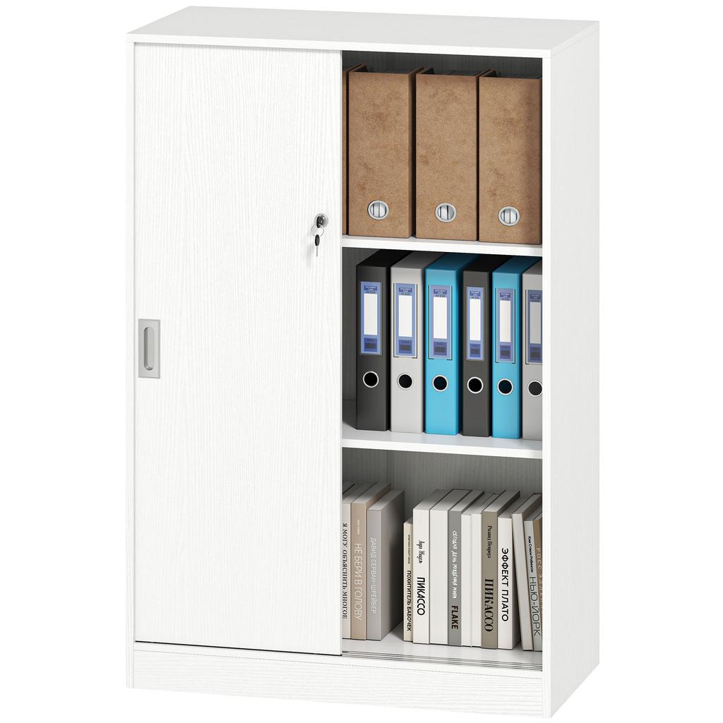 Office Cabinet 2 Lockable Sliding Doors Dim 80L X 40W X 120H Cm 2 Shelves In White Wood