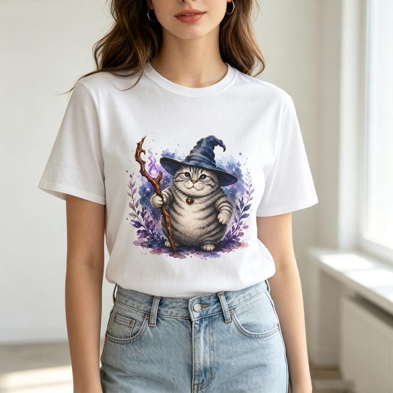 Wizard Cat Graphic T Shirt Magic Witch Cat Print Unisexs Unisexs 100 Cotton Crew Neck Casual Y2k Top Harajuku Oversized Tee