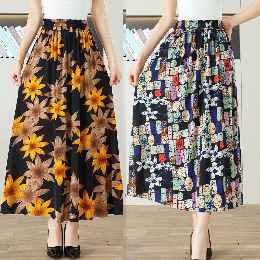 Fuste florale de vară pentru mame de vârstă mijlocie și vârstnice, fustă midi florală din mătase de gheață, fustă lungă florală, fustă cu talie elastică