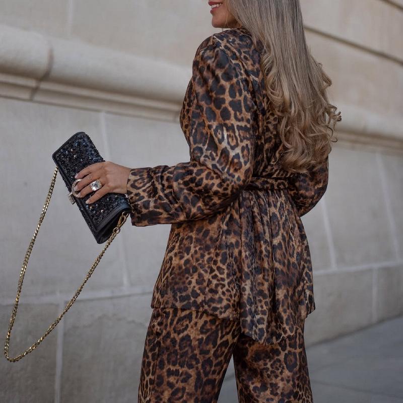 European & American Leopard Print Lapel Suit Jacket with High Waist Wide-Leg Pants Two-Piece Set