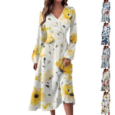 Women's Autumn- And Winter Casual Fashion V-neck Long Sleeve Stripe Print Long Dress Suitable For Daily Life And Party Wear