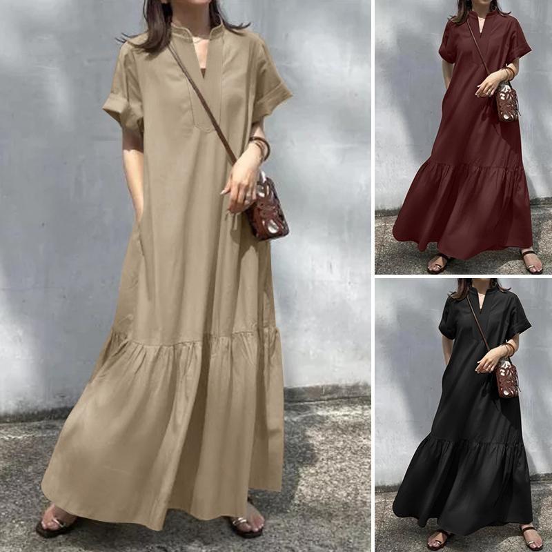 2025 Spring/Summer European and American Cross-border Fashion New Women's Stand Collar Short Sleeve V-Neck Loose Mermaid A-Line Long Dress