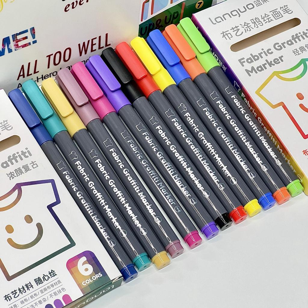 6pcs Fabric Graffiti Marker Pens Set Washable & Reusable Drawing for Cotton Canvas Linen DIY Paint School