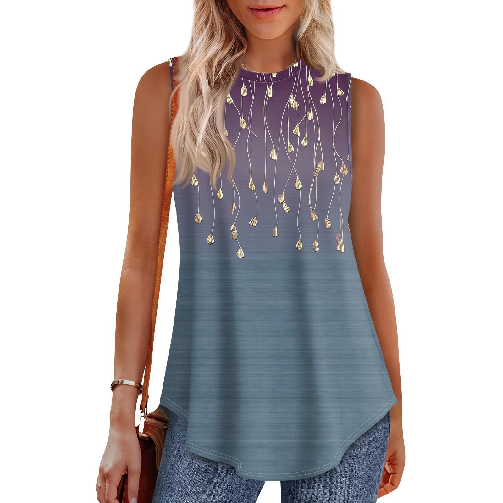 

Женская мода повседневный безрукавка жилет винтажный принт круглый вырез без рукавов топ M фиолетовый