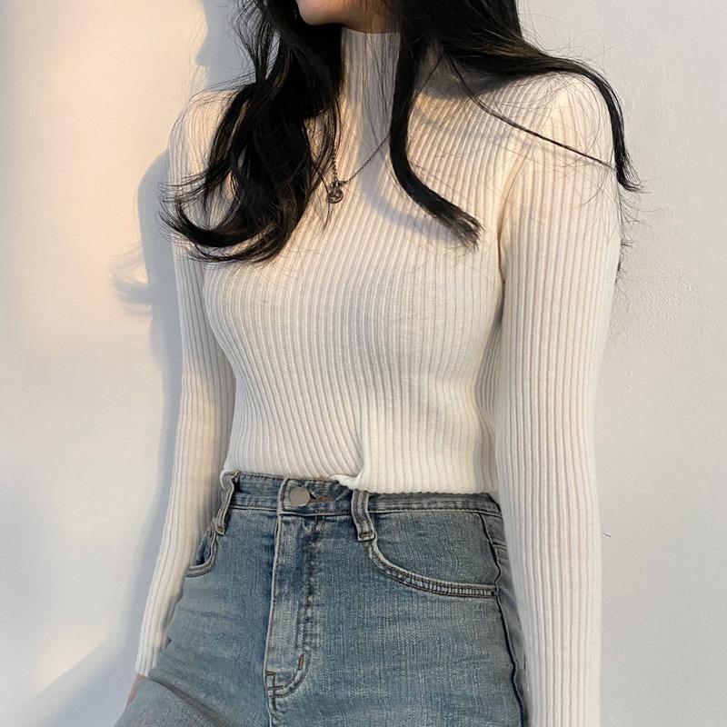 Autumn Winter Basic Semi-turtleneck Long Sleeved Women Knitted Sweater Soft Elastic Loose Pullover Sweaters Woman Casual Simple Tops Inner Clothing