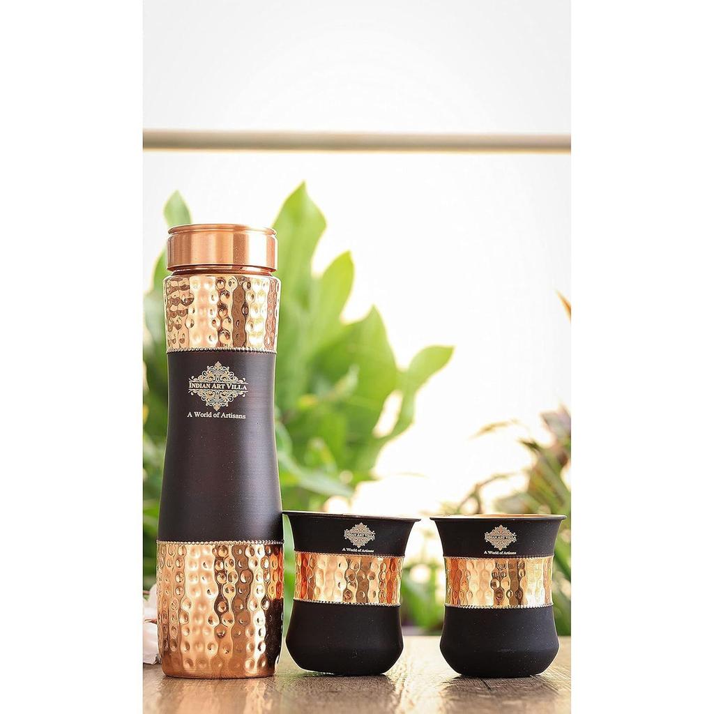 Copper Drinkware Black Silk Finish, Set of 2 Glass and 1 Bottle, Volume - Glass 300 ML, Bottle 1000 ML