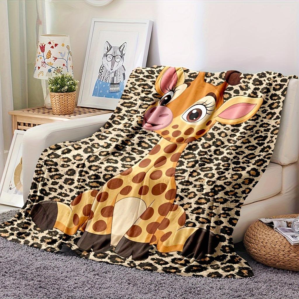 Cute Cartoon Giraffe Blanket with Leopard Print Soft Flannel Throw Blanket for Kids Bed Sofa Cozy Blanket for Home Decor & Gift