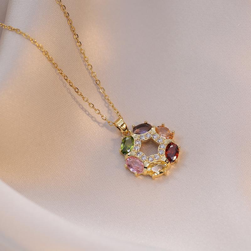 Women's Colorful Zircon Flower Necklace: Trendy Titanium Steel Pendant
