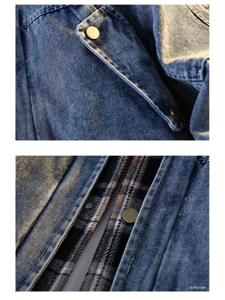 Pánská trendy kostkovaná patchworková džínová bunda 2025 - Falešný dvoudílný vlněný kabát na jaro a podzim