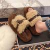 Thick bottom heightening fluffy slippers outer wear 2025 autumn and winter new belt metal buckle home plush one-word cotton drag posture