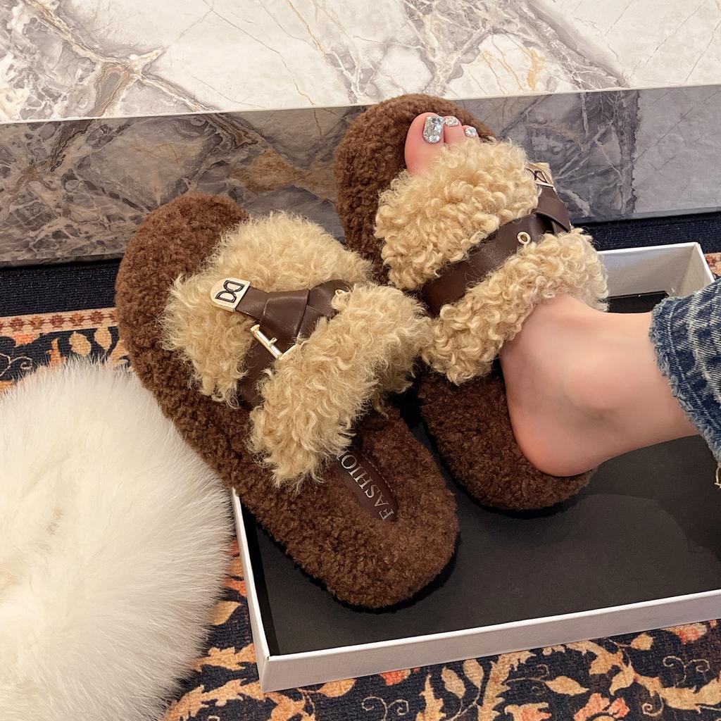 Thick bottom heightening fluffy slippers outer wear 2025 autumn and winter new belt metal buckle home plush one-word cotton drag posture