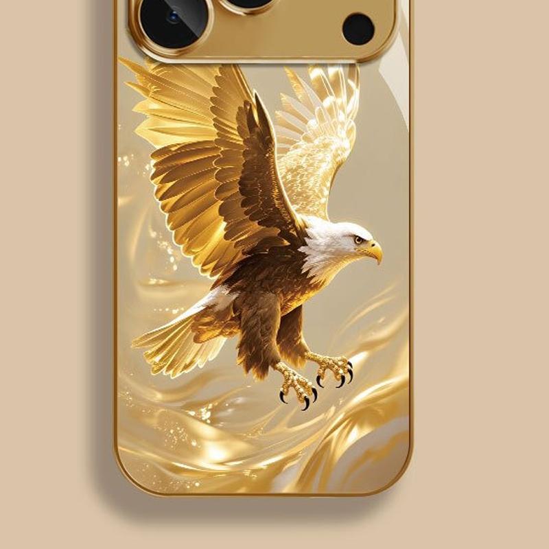 Golden Eagle Pattern Metallic Glass Phone Case For iPhone 11 12 13 14 15 16 17 Pro Max 14 Plus 17 Air 16E Shockproof Cover