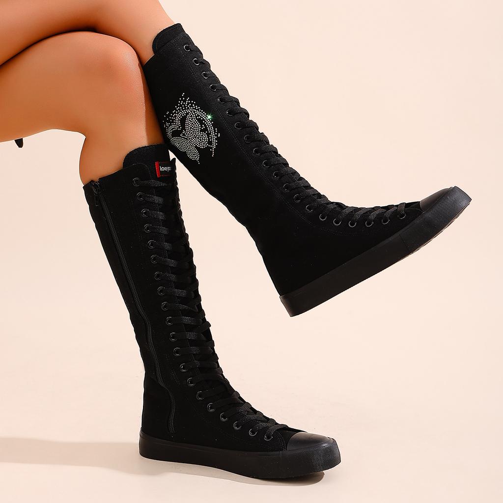 Women's long ankle boots, girls' fashionable and comfortable high-calf canvas boots, suitable for attending parties and daily outings