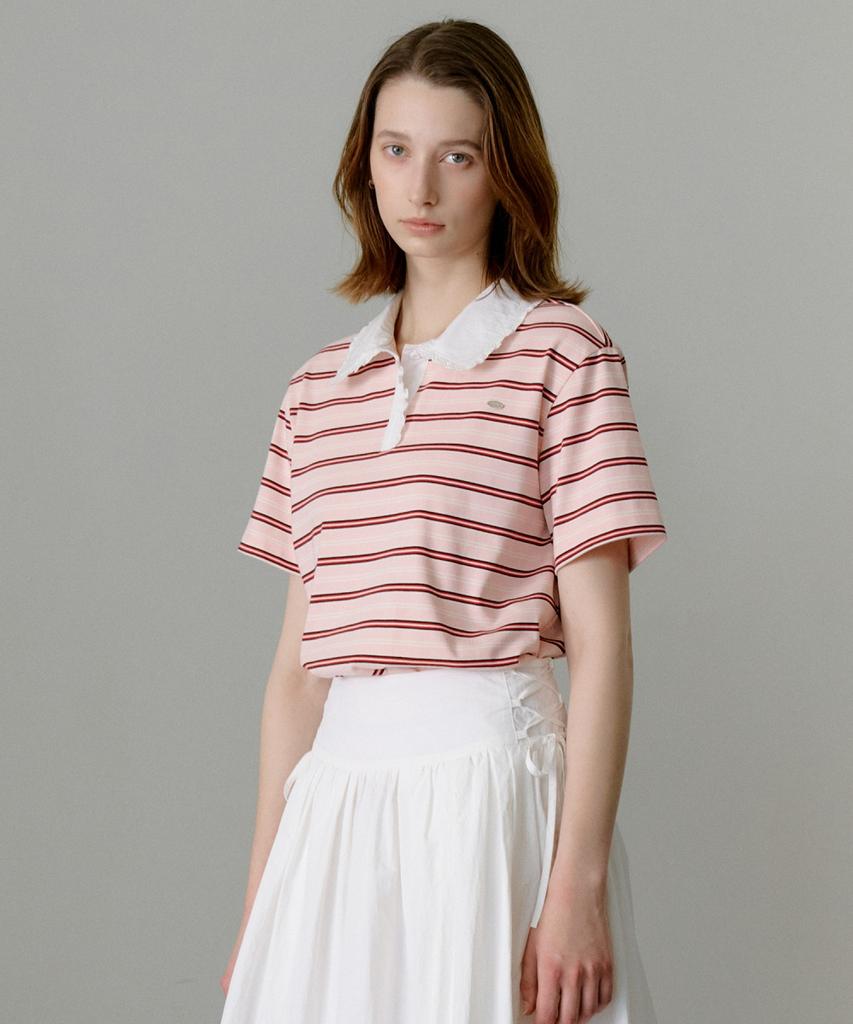 Ollibeudeollibeu Collar Lace Striped Short Sleeve T-Shirt Oe6Me5680