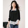 Women's Striped Spliced Polo Collar Sweatshirt