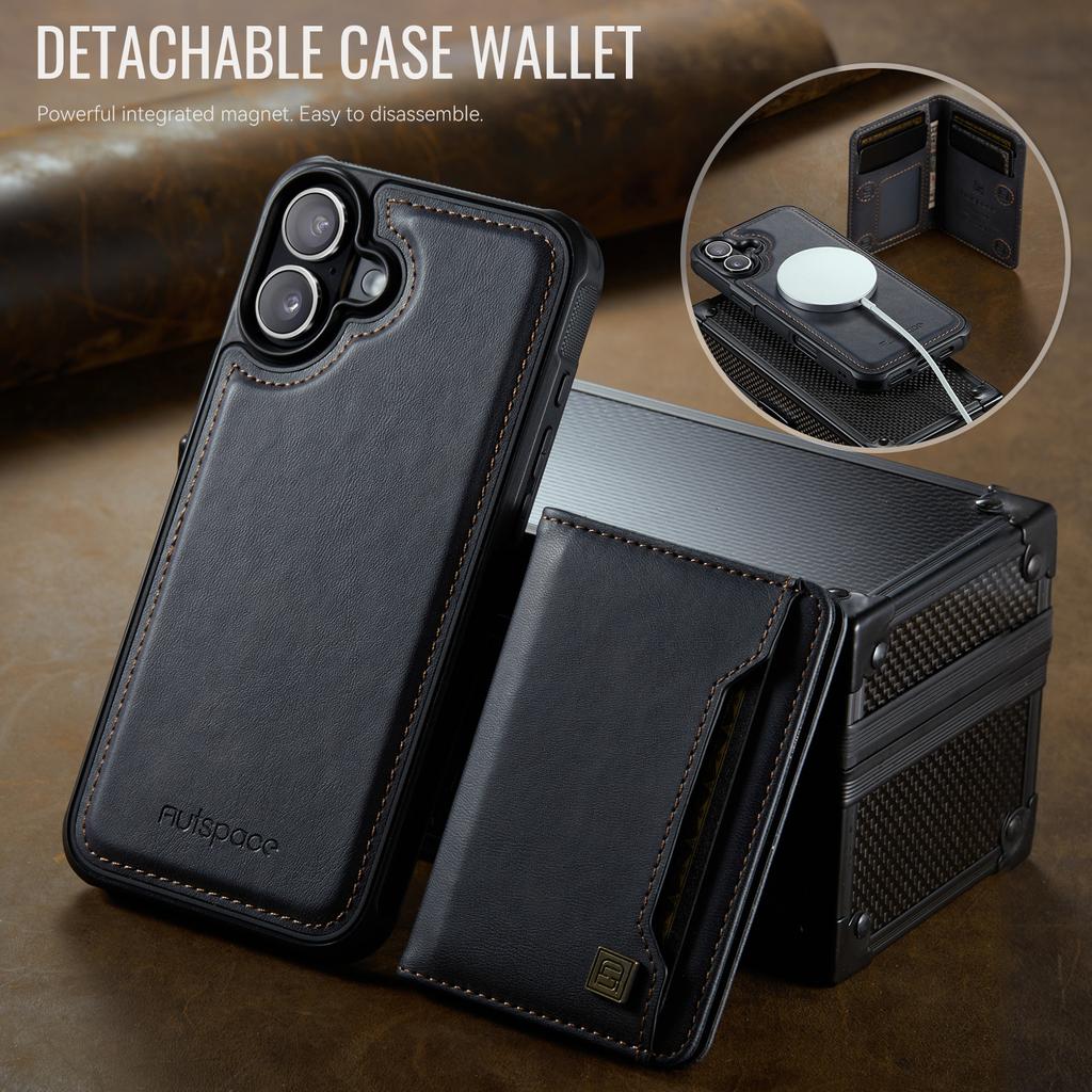 For iPhone 16 Case AUTSPACE A13 Vintage Leather Back Cover with Magnetic Detachable Card Bag