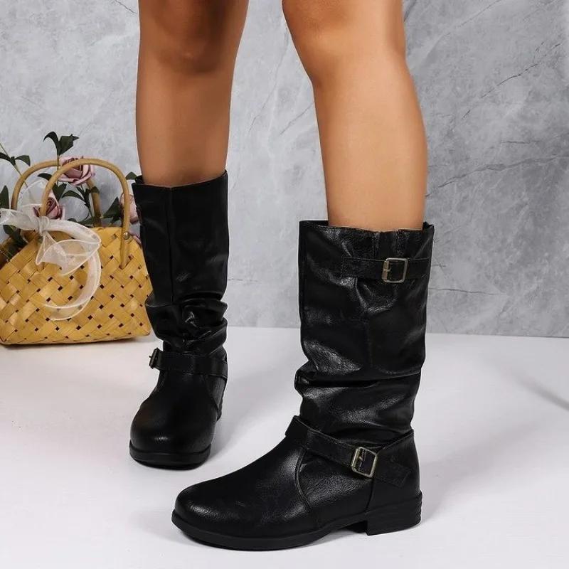 Fashion Shoes Female 2025 New Slip-on Women's Boots Fashion Belt Buckle Modern Boots Women Winter Plus Size Best Seller Mid-Calf Boots