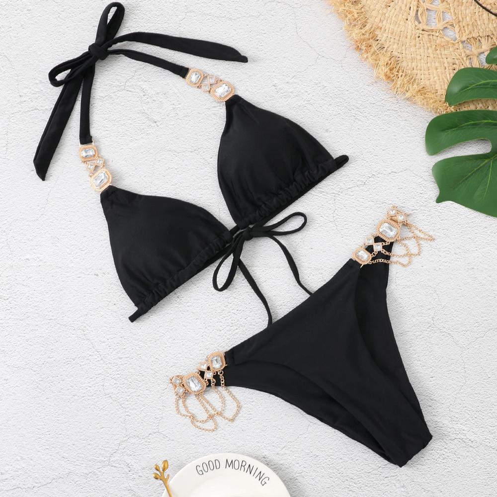 Sexy Women's Swimsuit With Rhinestones Solid Bikinis Female Swimwear 2025 Push Up Bikini Beachwear Swimming Bathing Suit Bather