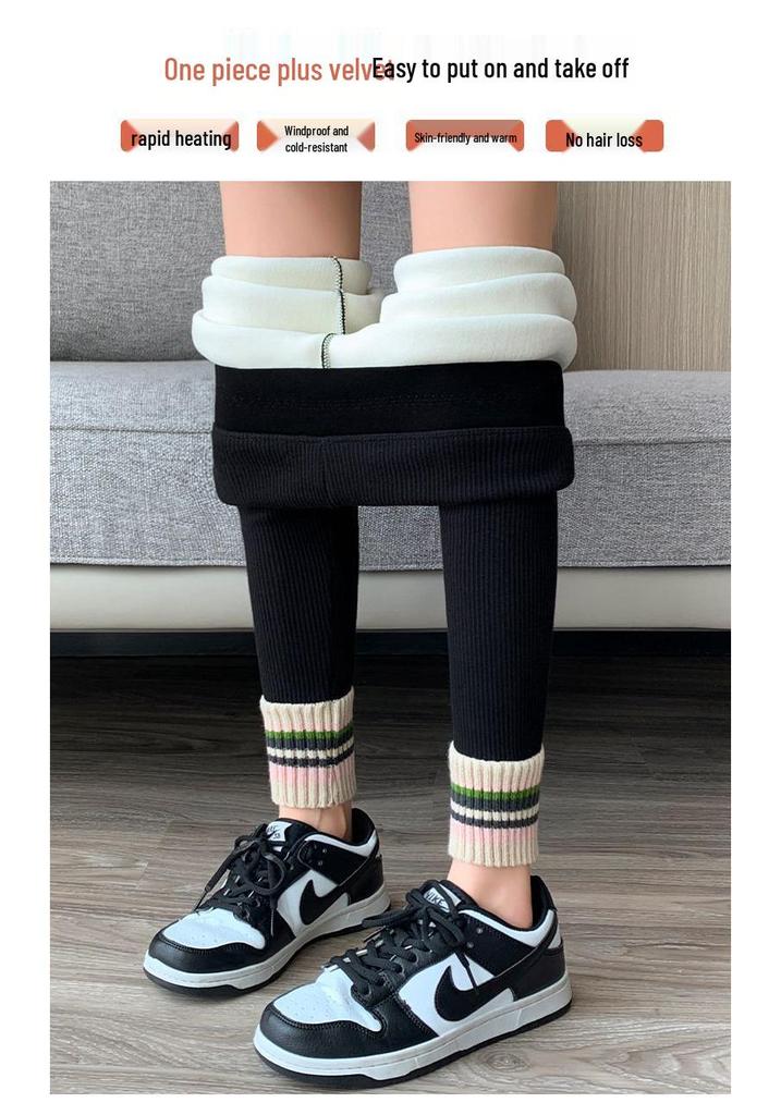 Women's Fleece-Lined High-Waist Leggings: New Autumn/Winter Style with Ribbed Ankle Cuffs, Slim Leg, and Warm Thread for Outdoor Wear.