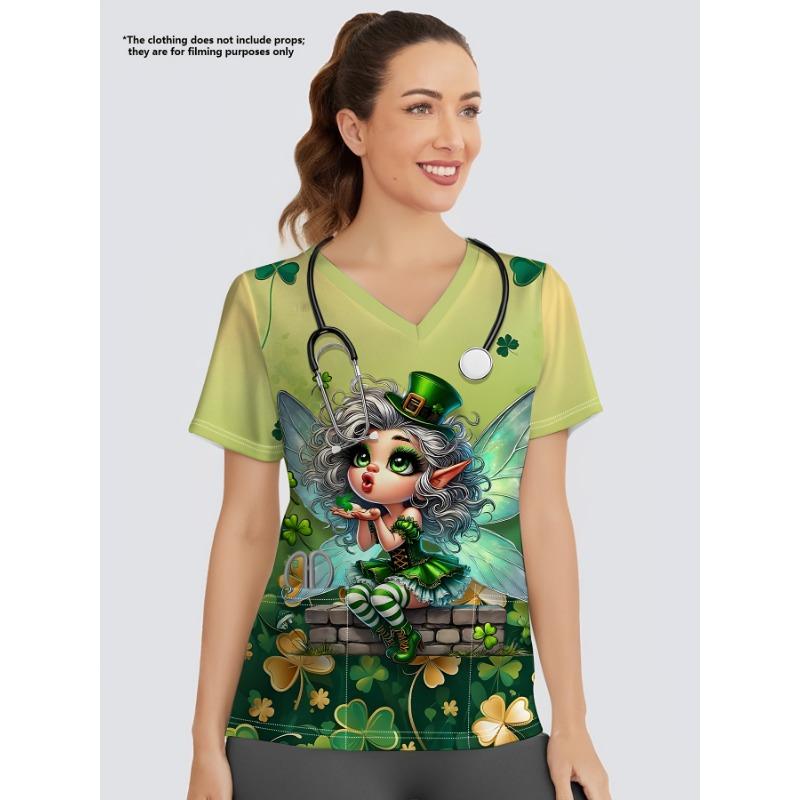 Ladies  St. Paul s Day 3D Printed Clover Pattern Clothing - Women s New V-neck Top Short Sleeve - Women s Printed T-shirt S