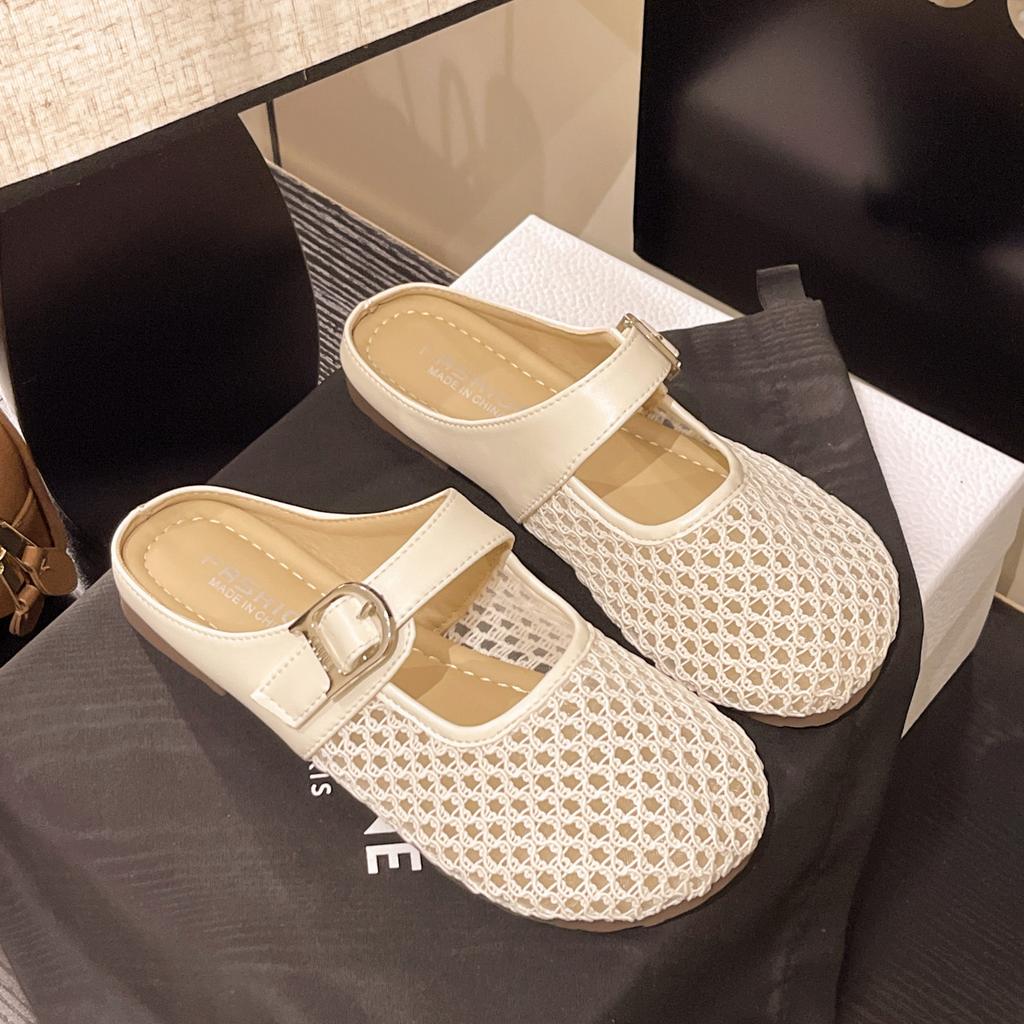 Hollow woven bag head half slippers women's outer wear 2025 summer new soft bottom breathable lazy casual cool slippers