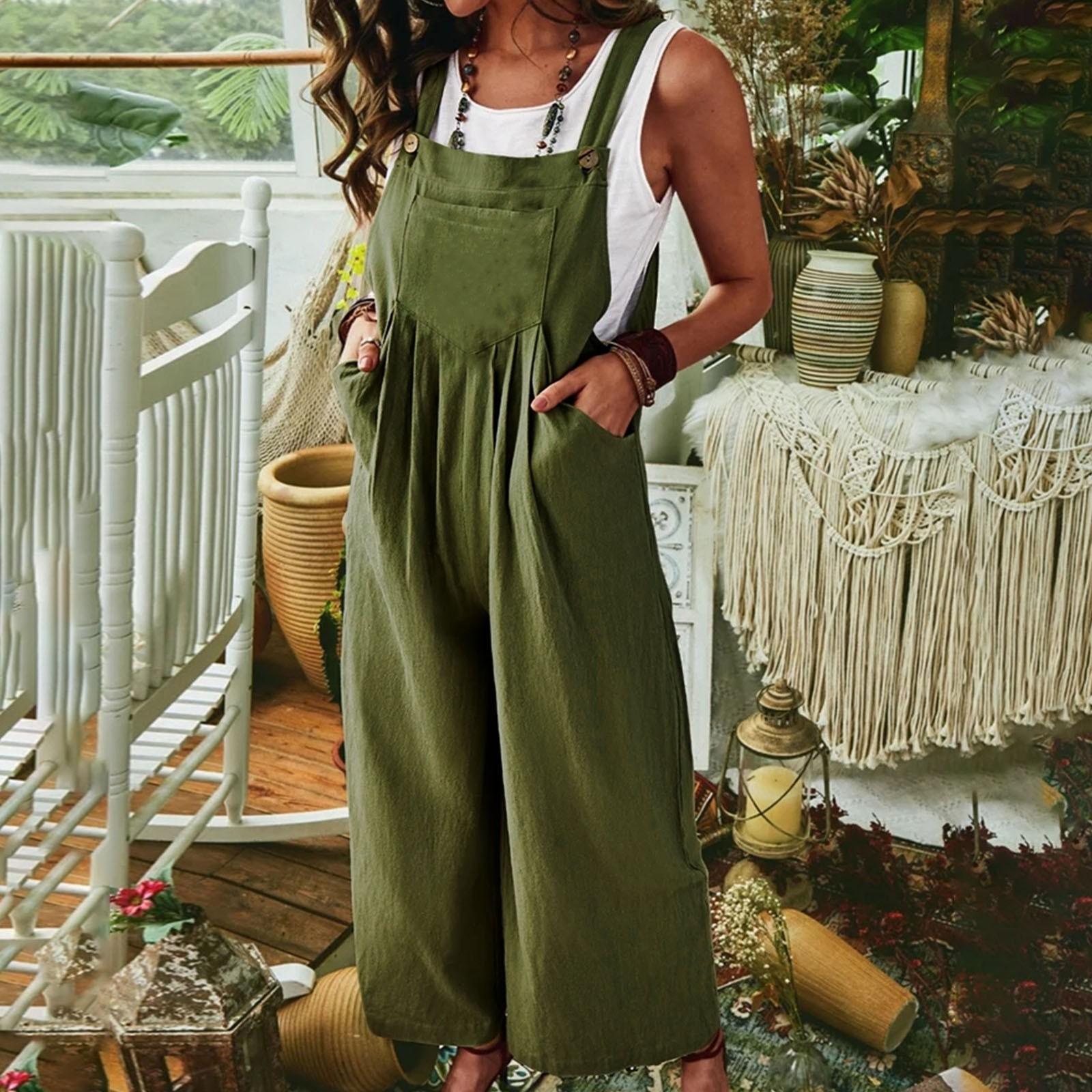 

Women s Summer Casual Color Sleeveless Sling Pocket Wide Leg Side Button Jumpsuit S