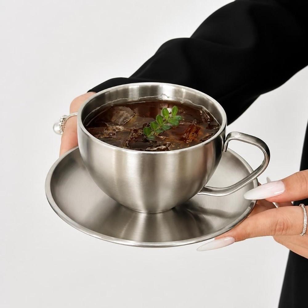 Stainless Steel Coffee Cup Set Heat Resistant Cup Saucer Set Exquisite Coffee Mug Cafe Accessories