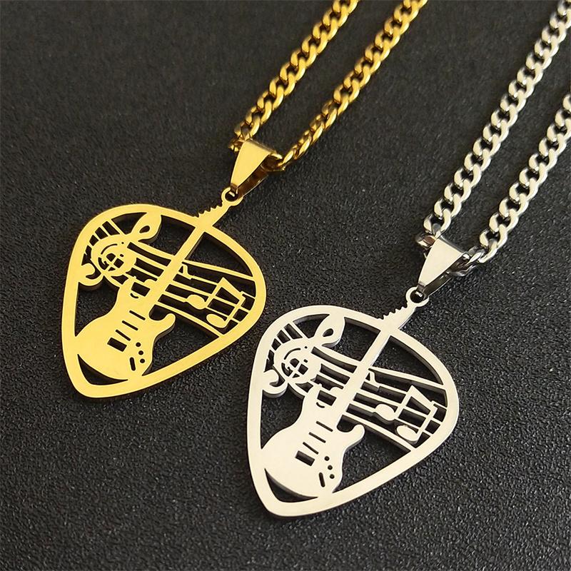 Rock Music Guitar Pick Pendant Necklace for Women/Men Stainless Steel Punk Musical Bass Chain Party Gift Jewelry 8418-QKC