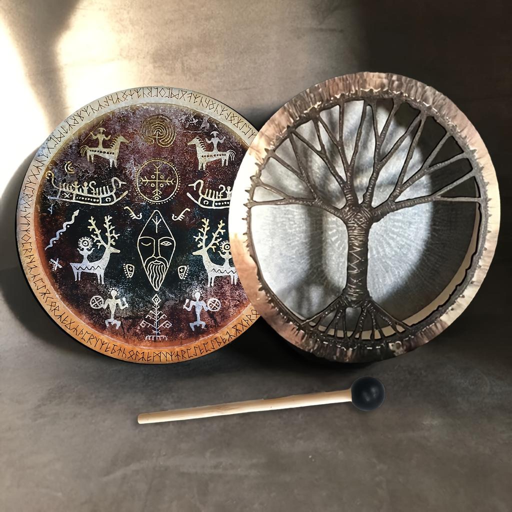 Viking Cave Drum with Handle Shamanic Rock Art Sound Healing Drum Vintage Tribal Design for Meditation Energy Healing  Gift