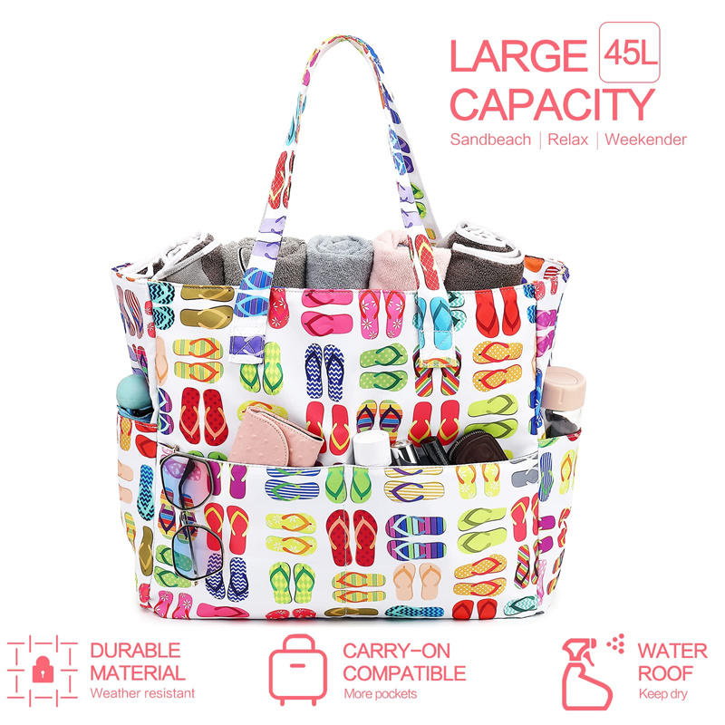 1PC Beach Tote Bag Lightweight Foldable Multi-Pocket Design With Zipper Bag Perfect For Pool Travel Gym And Outdoor Adventures Handbag