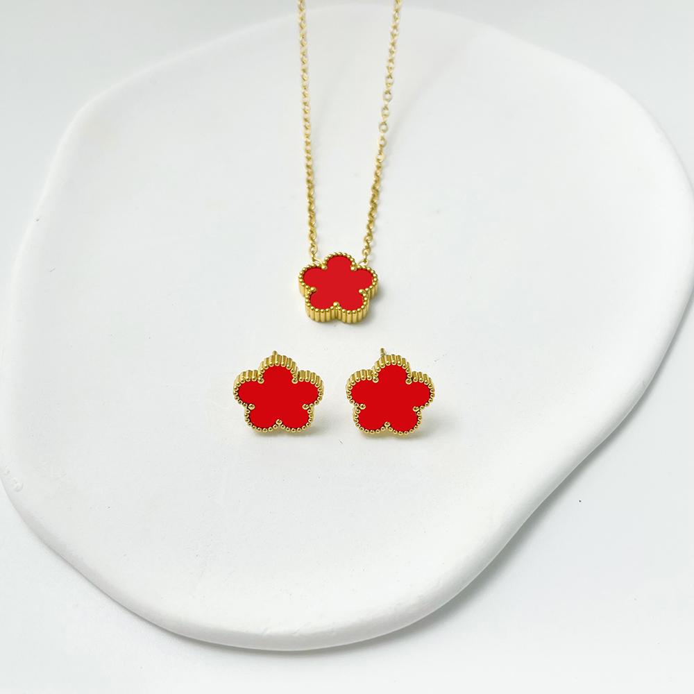 ALTERA 2Pcs Luxury 5 Leaf Flower Pendant Necklace Earrings for Women Gift Fashion Stainless Steel Double Side Clover Zircon Set