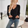 Women's V Neck Long Sleeve Ribbed Blouse Slim Fit Feminine Cropped Tie Front Tunic Top