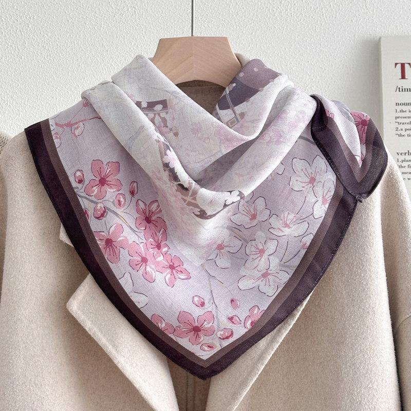 Chinese Camellia Red Cotton and Linen Feel Scarf Women's Small Square Scarf Spring, Autumn and Winter Thin Neck Multifunctional Scarf