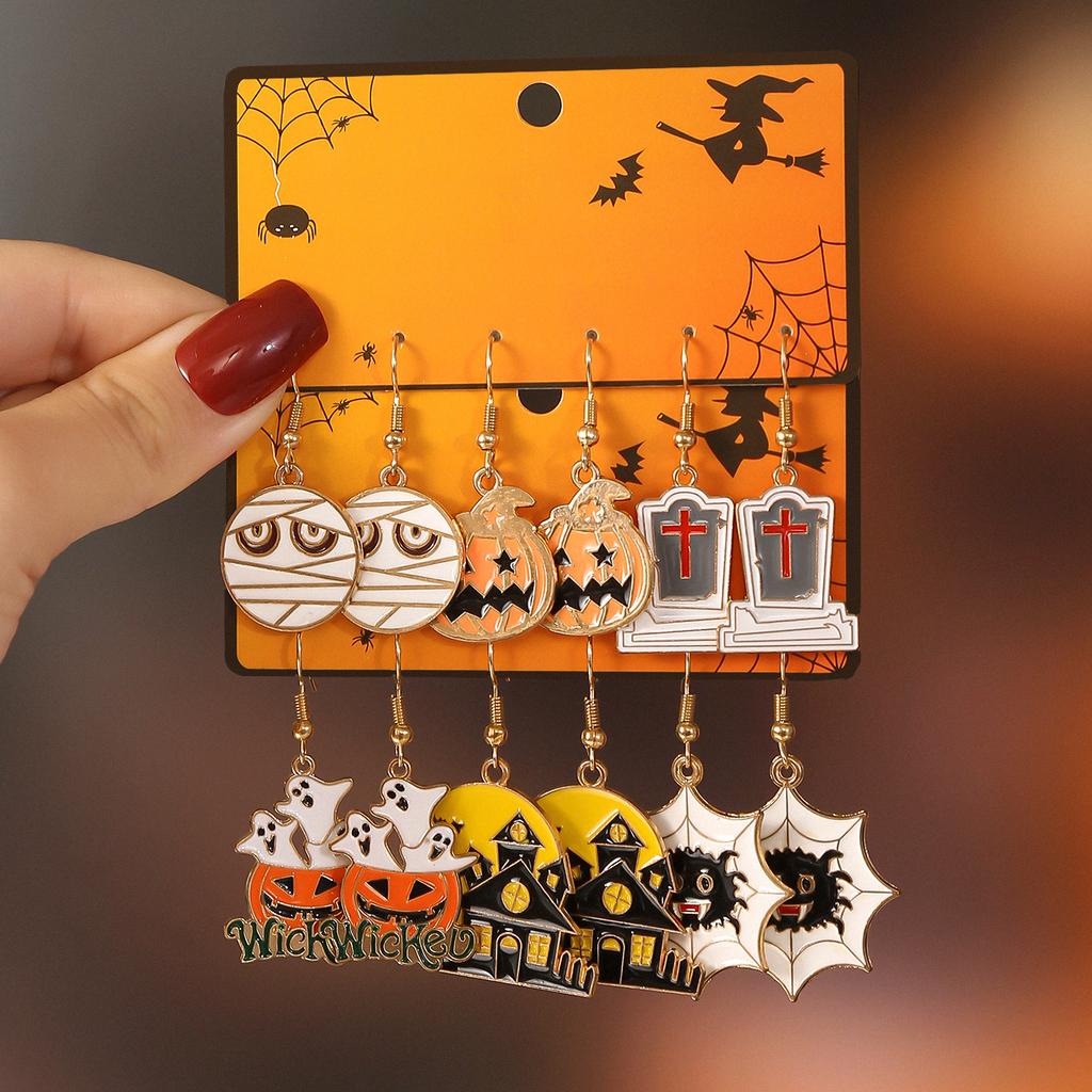 Hot Selling Accessories Cute Cartoon Style Ghost Pumpkin Head Design Pendant Earrings Set Halloween Earrings Girl