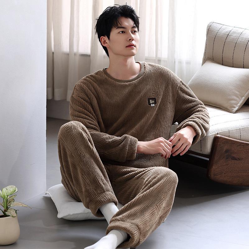 Pajamas Men's winter thickened fleece flannel can be worn outside pullover large size loungewear coral fleece autumn and winter suit