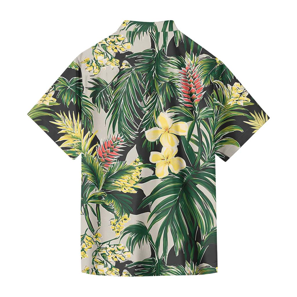 Casual losvallend herenshirt met korte mouwen, tropische bloemenprint, knoopsluiting, voor zomer, strand, buiten