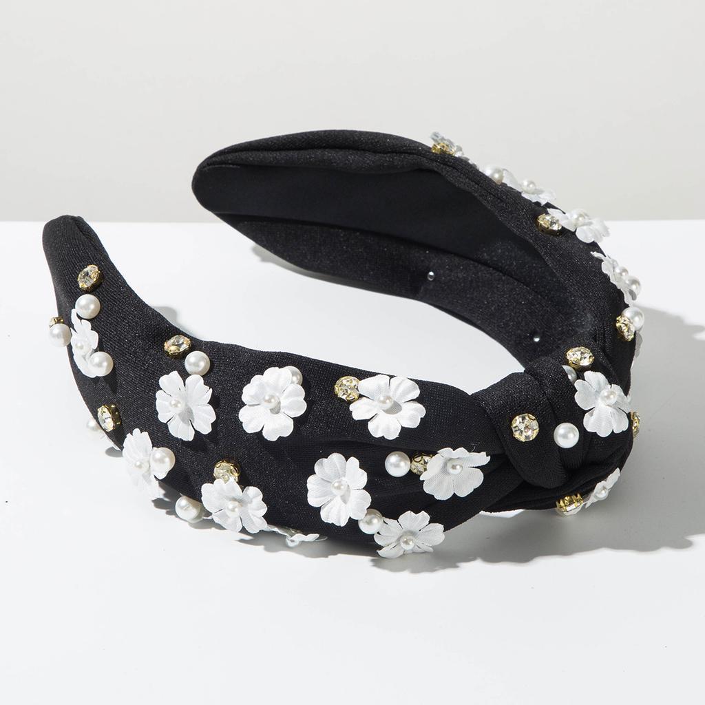 Stylish Solid Color Rhinestone Pearl Flower Wide-brimmed Knotted Headband for Women, Fresh, Sweet and Versatile Outerwear Accessory.