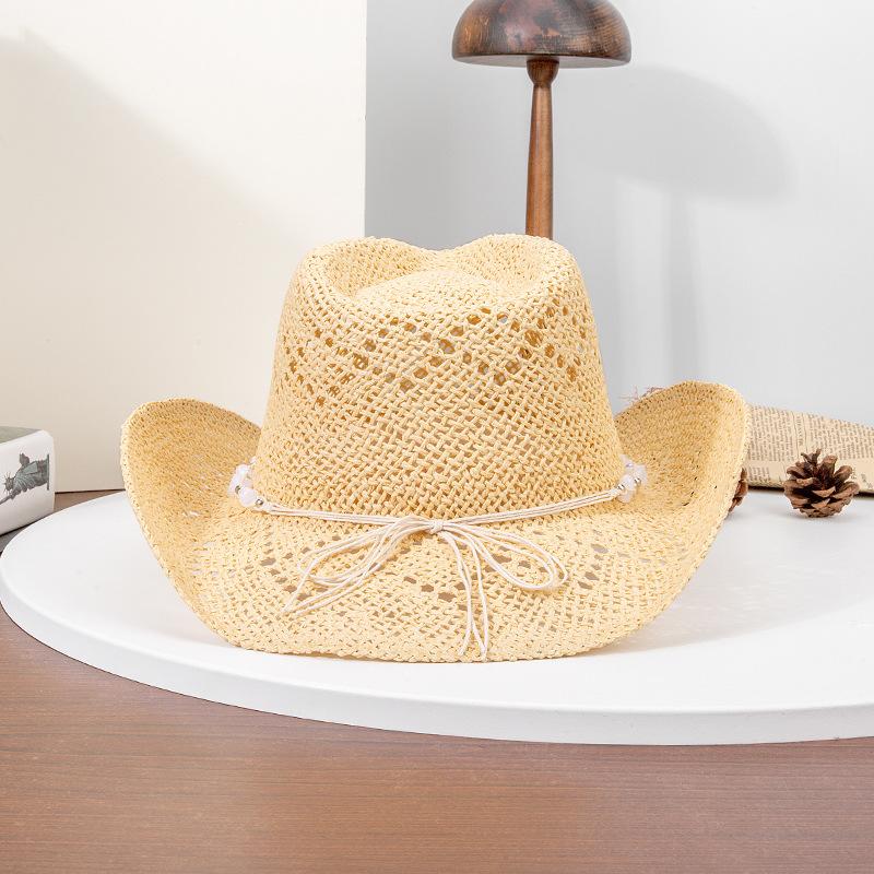 Women Cowboy Hat Unisex Hollow Out Summer Solid Color Curled Edge Strap Jazz Hat Decorative Vintage Braided Lafite Straw Hat