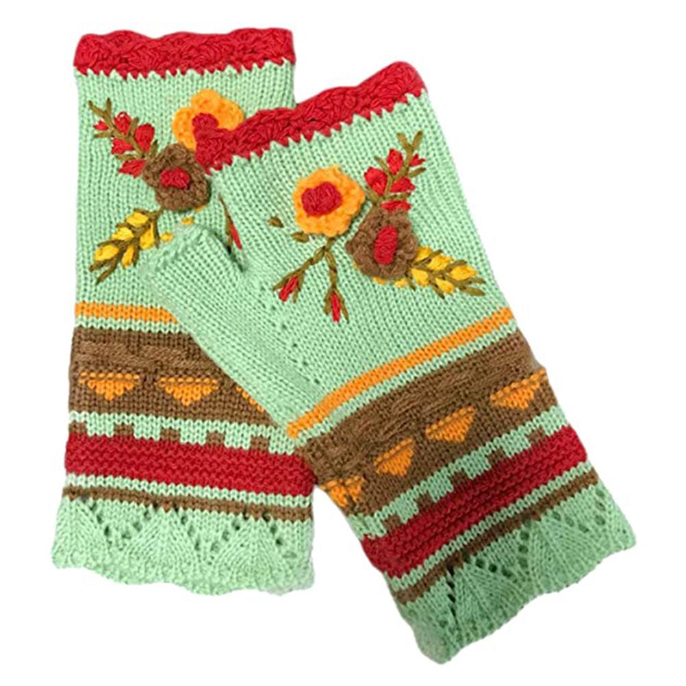 Vintage Multicolor Knitted Gloves with Floral Winter Warm Fingerless Gloves Knit Gloves for Girls Women