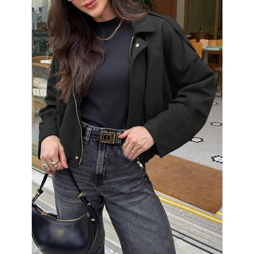 Fall Winter Women Fashion Batwing Sleeve Zipper Bomber Jacket Casual Outerwear, European American Style Women's Coat for Wholesale
