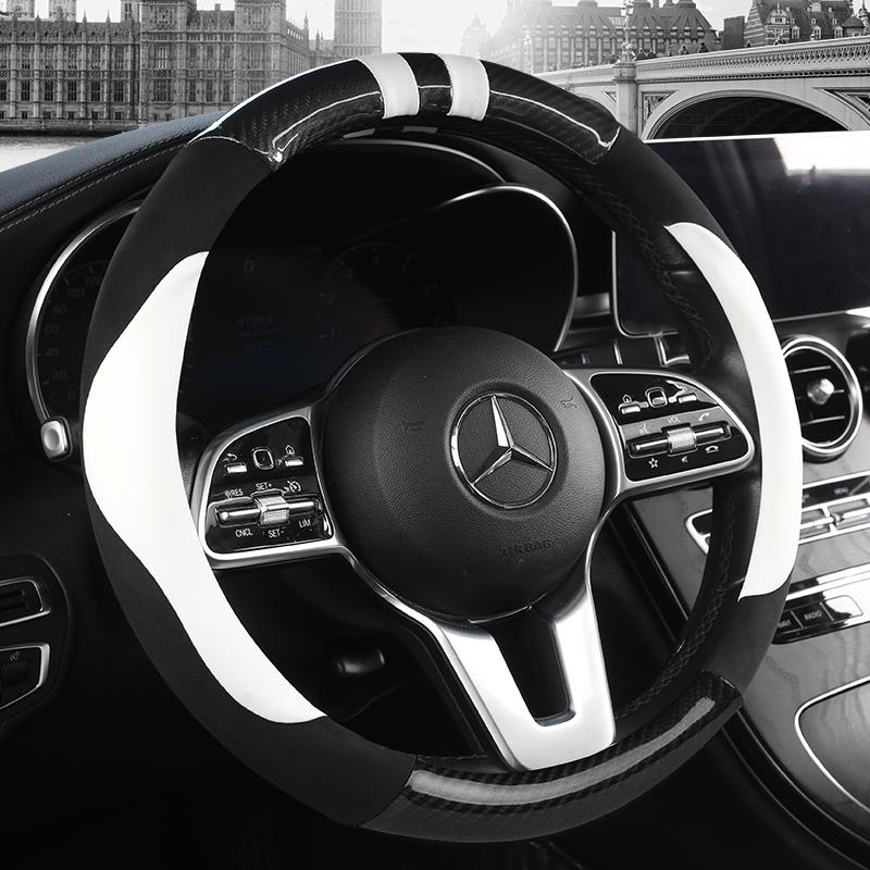 Skórzana osłona na kierownicę do samochodu z włókna węglowego do modeli Mercedes Ben AMG 38cm AC CLA E GLA GLC GLE SB CLS klasa