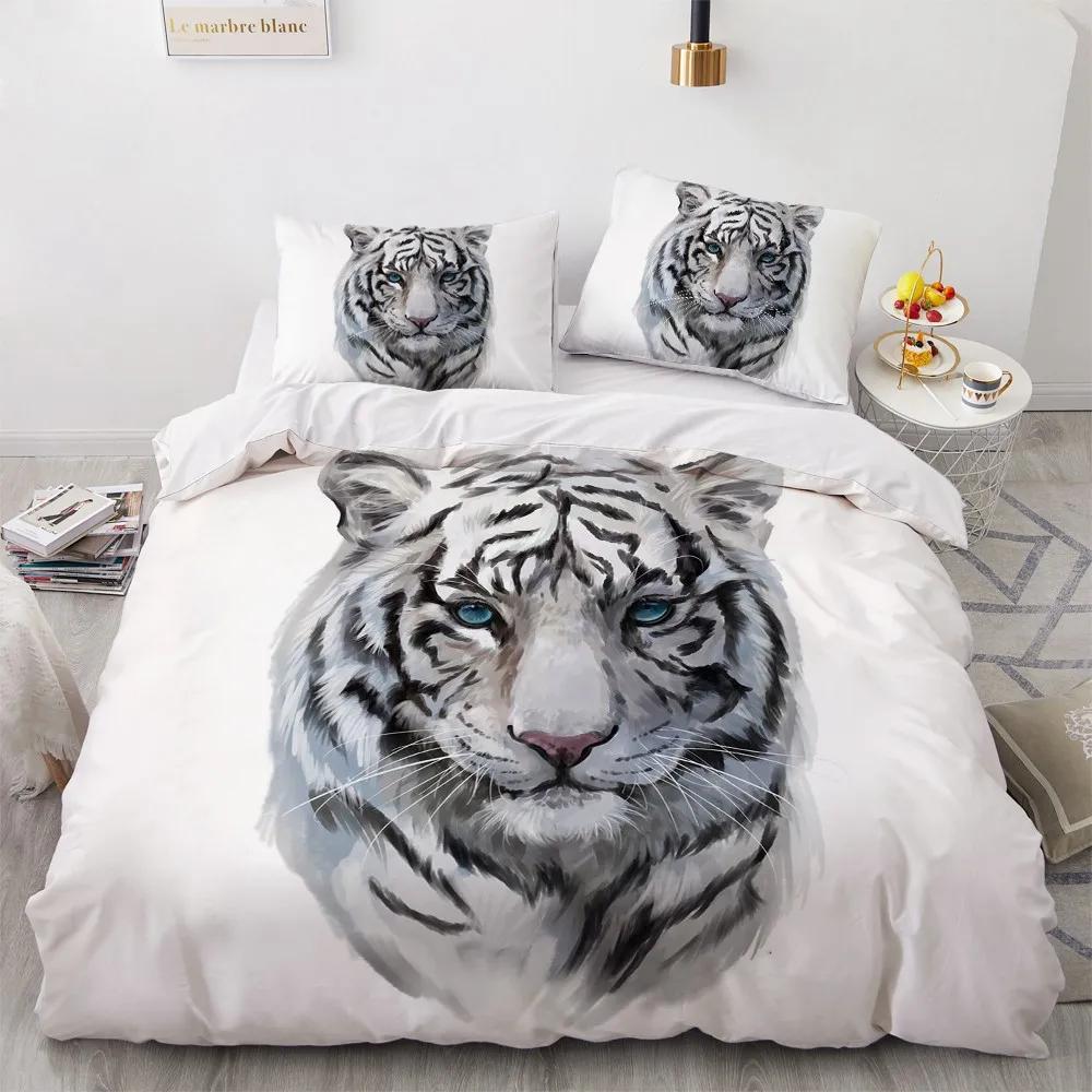 3D Bedding Set Black Duvet Quilt Cover Set Comforter Cover Pillowcase King Queen Size Animal Tiger Printed Polyester Quilt Cover