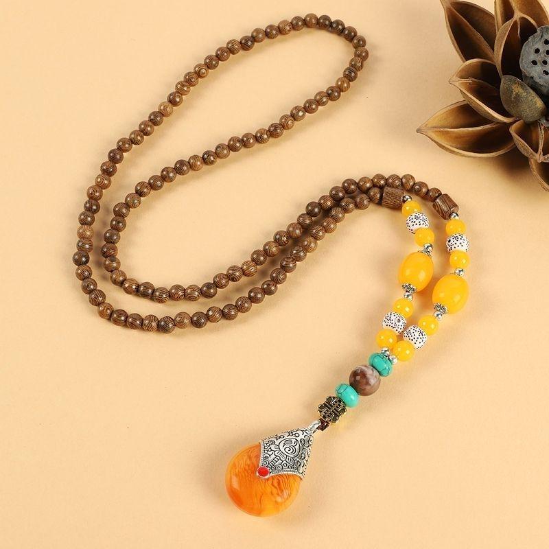 Unisex Retro Ethnic Wooden Necklace Pendant - Versatile Long Sweater Chain and Clothing Accessory