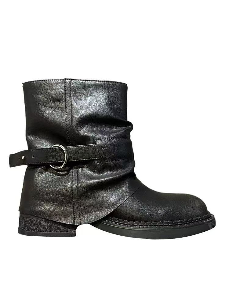 

Cowhide version~ retro thick heel fashion cowboy boots pleated design belt buckle thin leather short knight boots 35